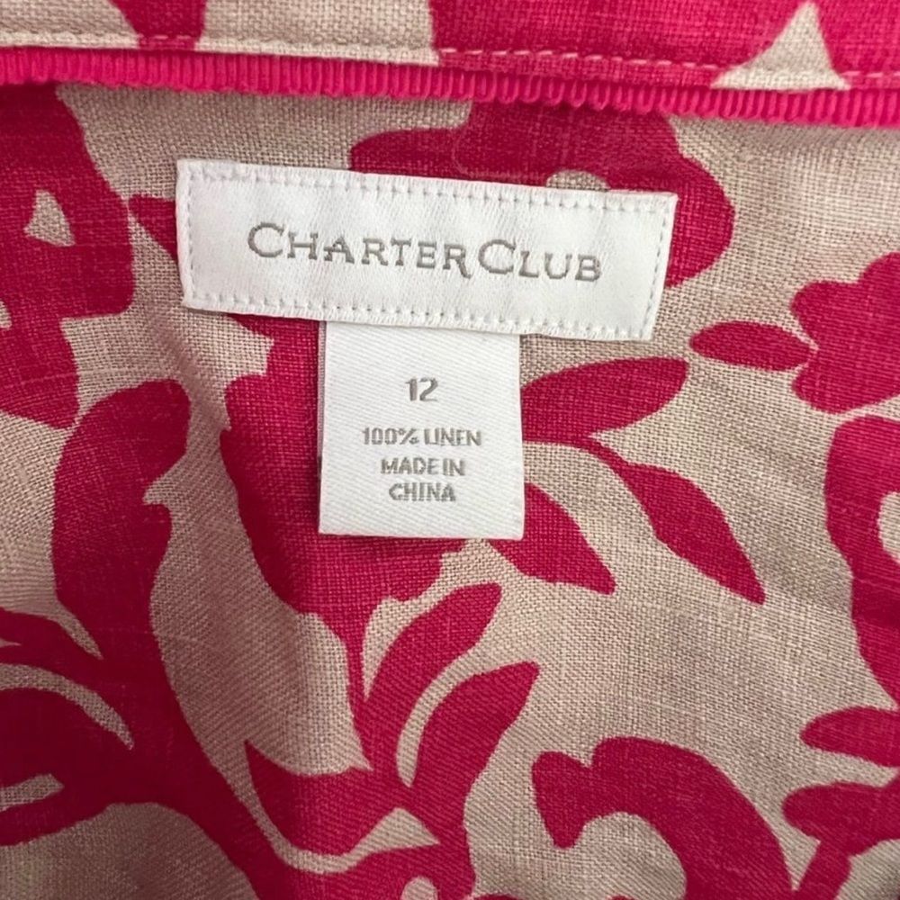 Charter Club Linen Pink Printed Long Roll-Tab Sleeve Blouse Size 12 - Picture 7 of 11